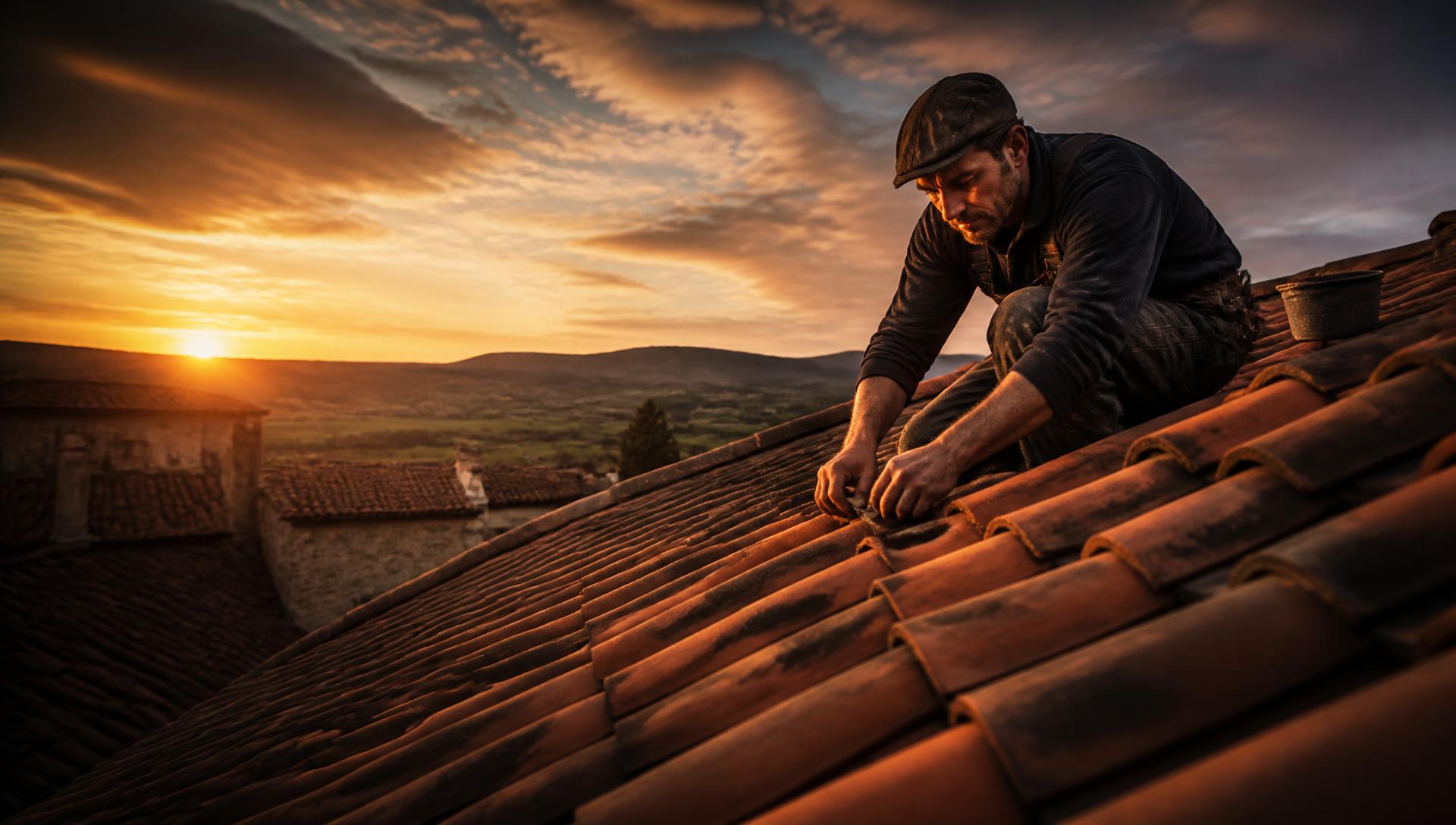Couvreur au travail sur une toiture en tuiles au coucher du soleil