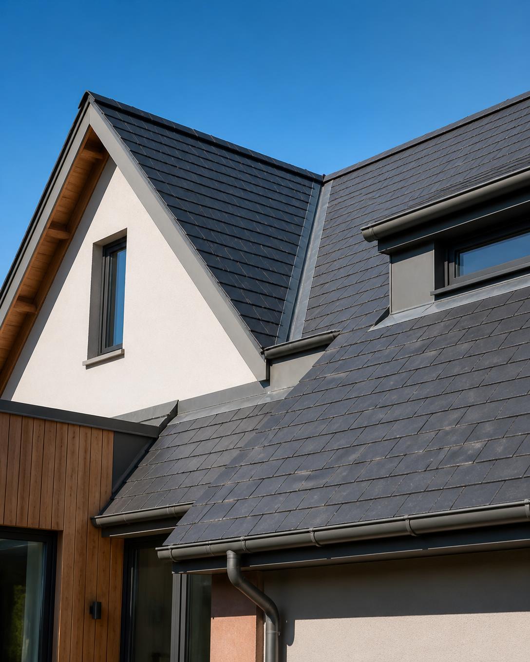Toiture contemporaine en ardoise et zinc