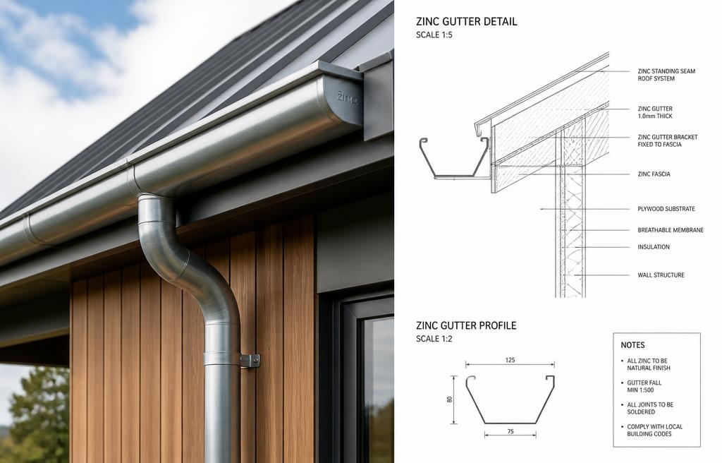 Détail d'une gouttière en zinc